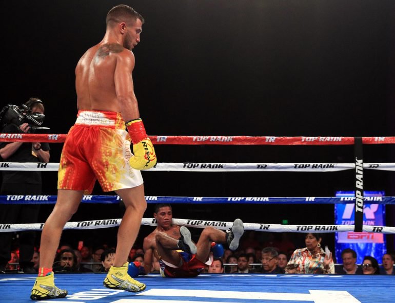 Boxer Vasyl Lomachenko Knocks down opponent