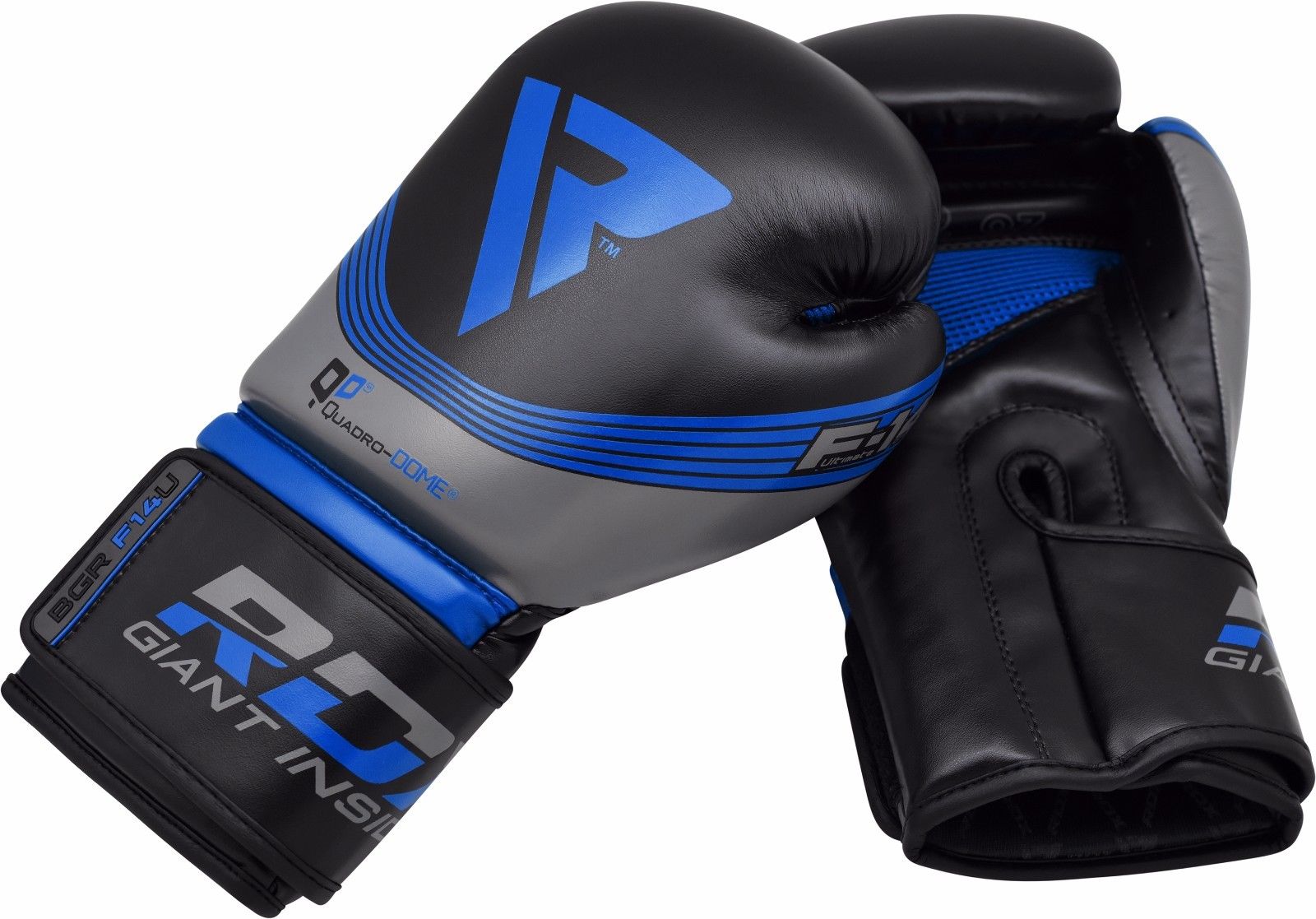 Black, blue, grey pair of boxing gloves