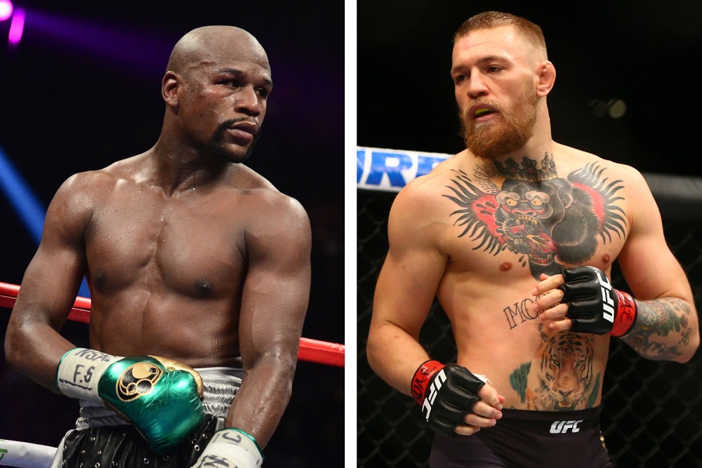 Floyd Mayweather, Conor McGregor in fighting stances