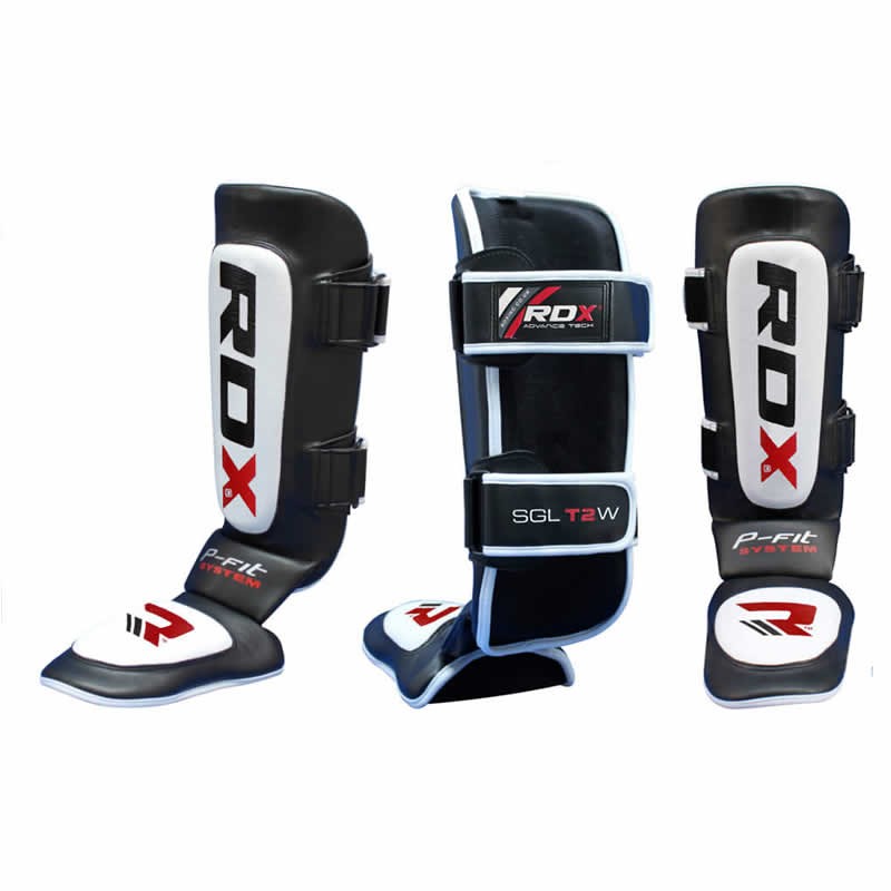 Black white and red RDX shin pads fitness gear