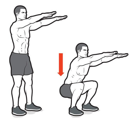 Diagram of a man performing a squat