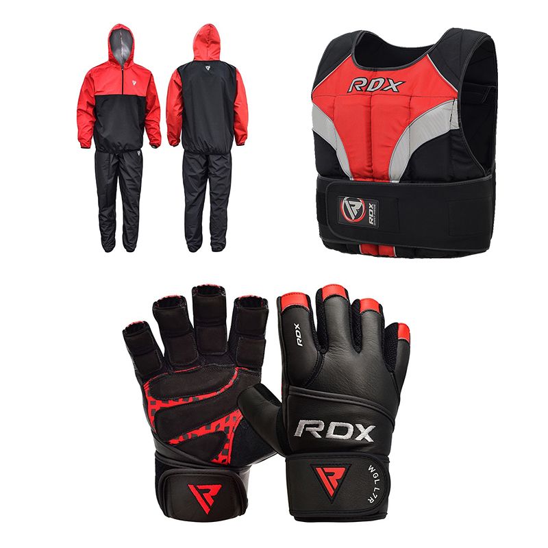 Leather Gym Gloves with a Sauna Suit and Weighted Vest