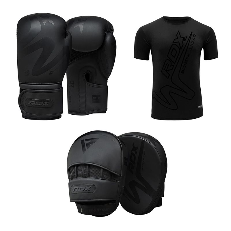 Noir Boxing Gloves with Focus Pads and a Black T-Shirt
