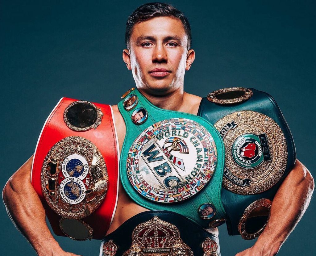 Gennady Golovkin with his boxing title belts